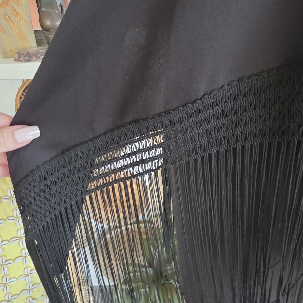 Vintage Boho Chic Fringe Black Floral Embroidered Wrap Triangle Scarf - Picture 12 of 13